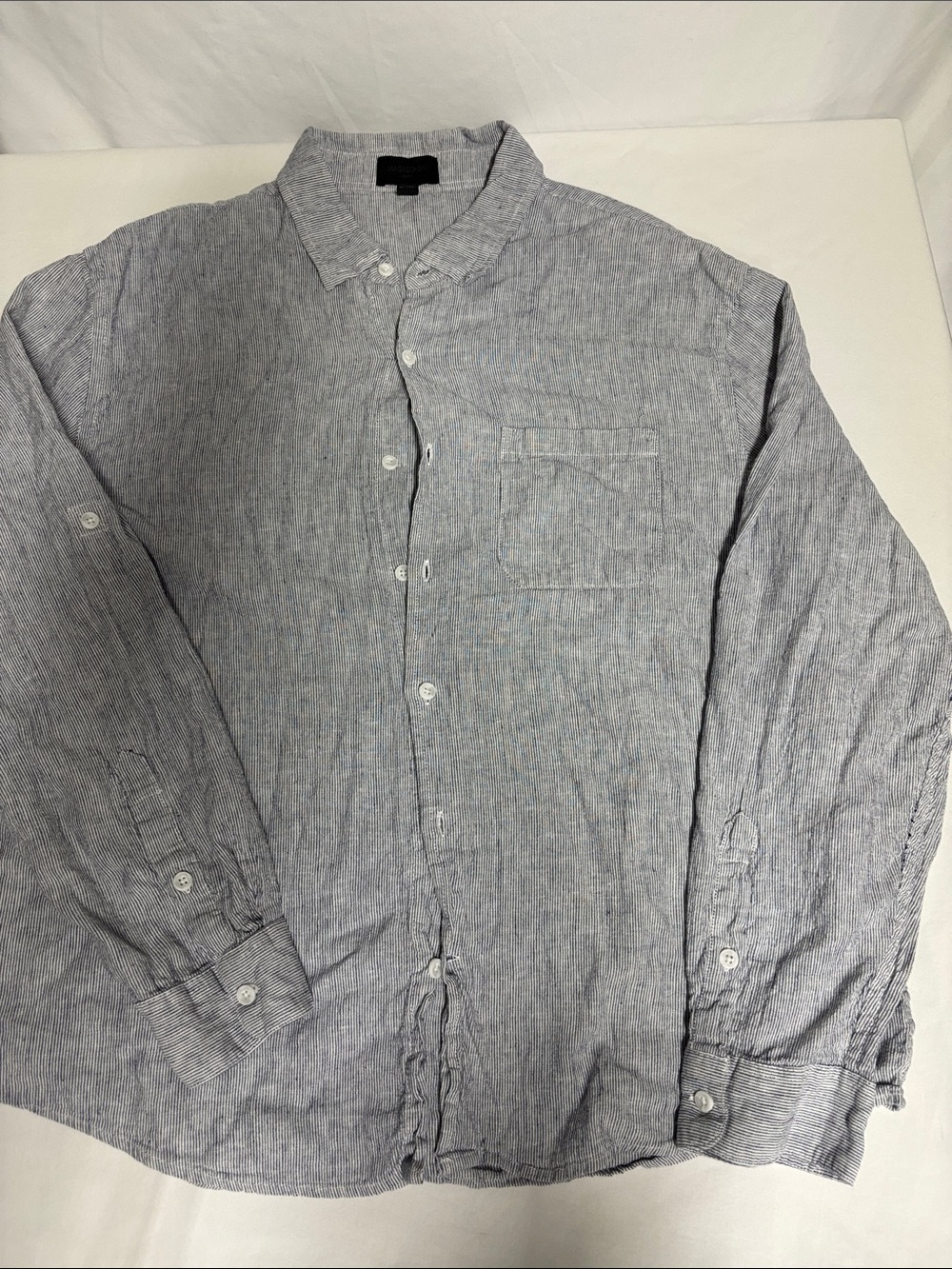 Magaschoni Man Linen Viscose Blue Stripe Button Down Shirt Men’s XL